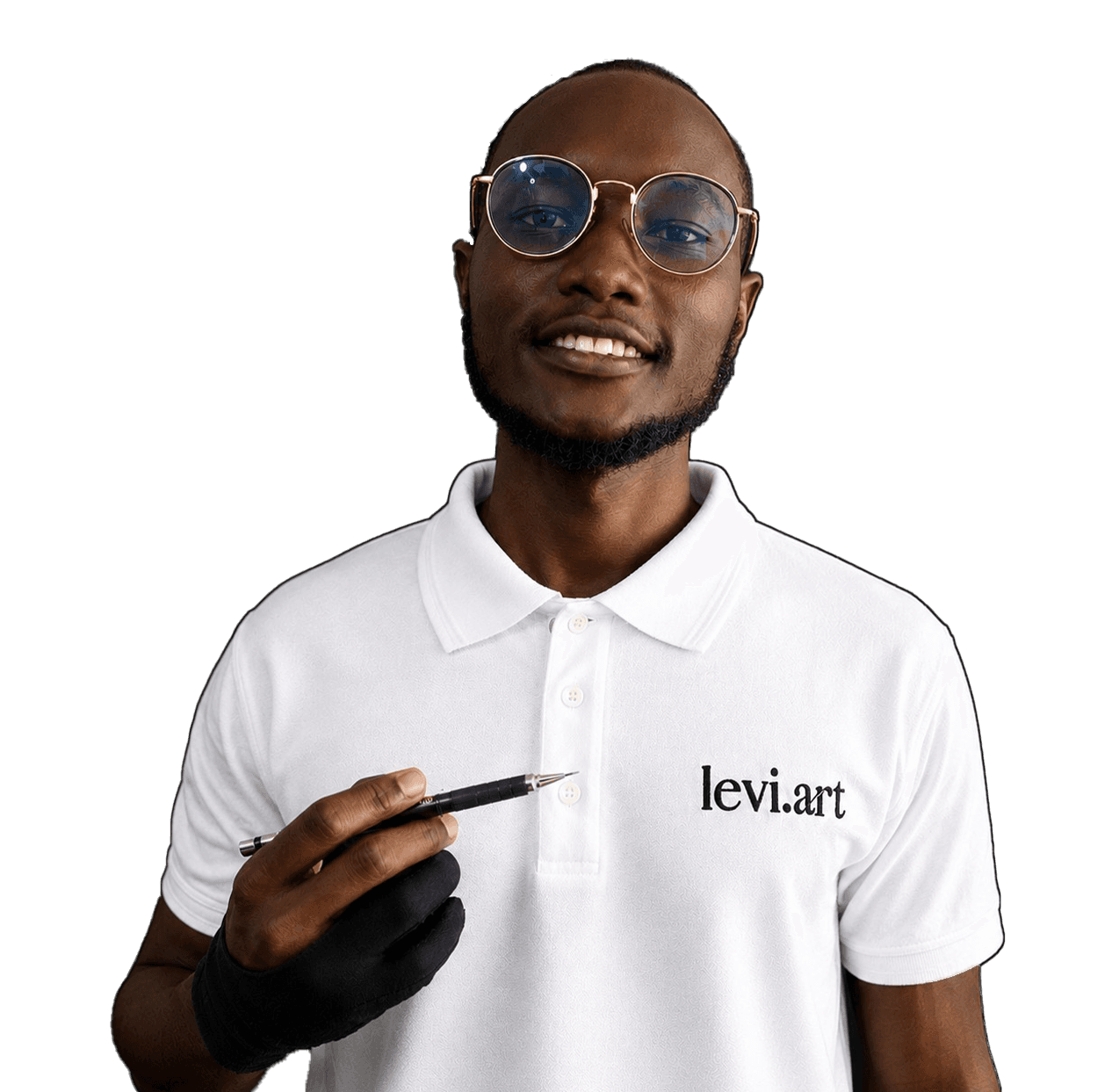 Levi, holding a mechanical pencil, wearing a levi.art polo shirt