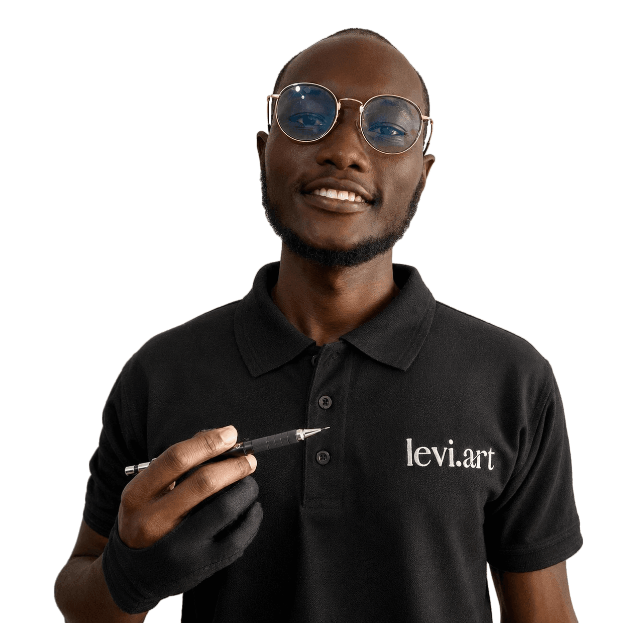 Levi, holding a mechanical pencil, wearing a levi.art polo shirt