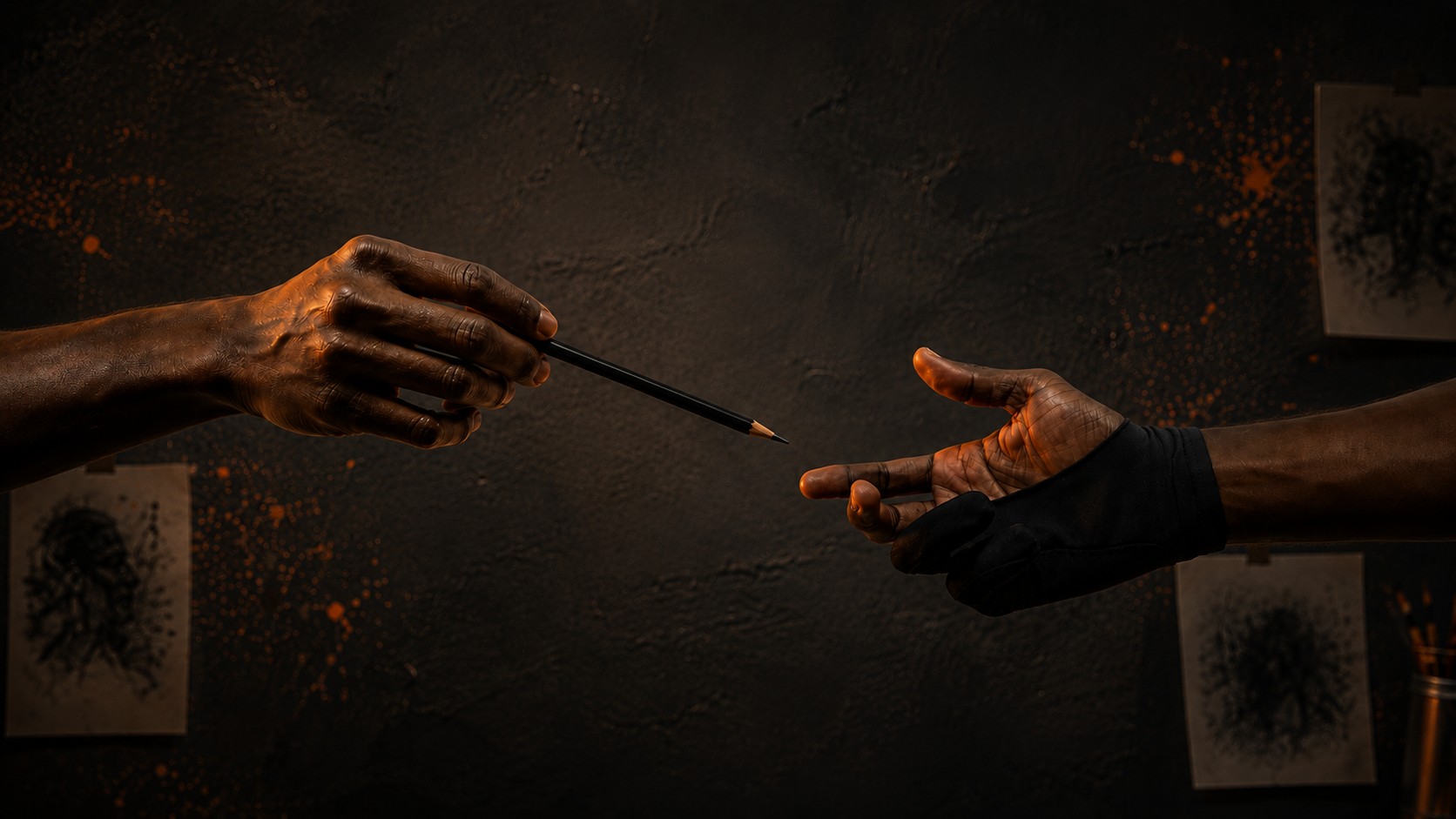 A hand offering a charcoal pencil to another open hand, with charcoal portrait sketches on the studio wall behind