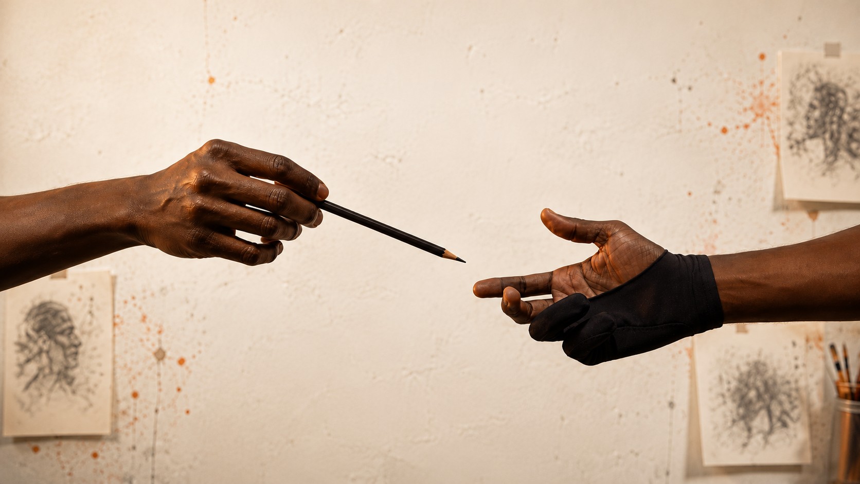 A hand offering a charcoal pencil to another open hand, with charcoal portrait sketches on the studio wall behind